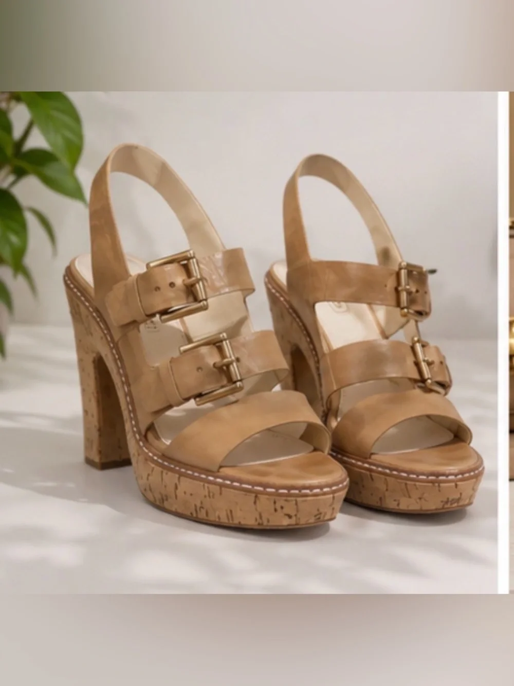 Coach Brown Genuine Leather Platform Slingback Heels / Block 4” heel
